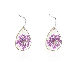 Purple Dried Flowers Dangle Earrings - Hypoallergenic - Safe Surgical Stainless Steel 
