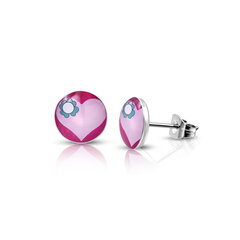 Pink Heart With Flower - Post Earrings