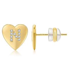 Heart Initial Earring<br>With CZ Accents <br> Letter N